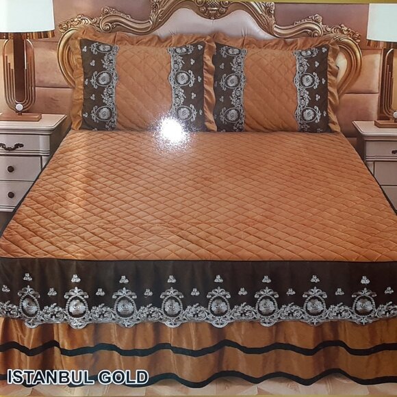 Istanbul Gold Luxury Velvet Coverlet with Ruffle Vintage Royal Design Bedspread - Picture 2 of 6